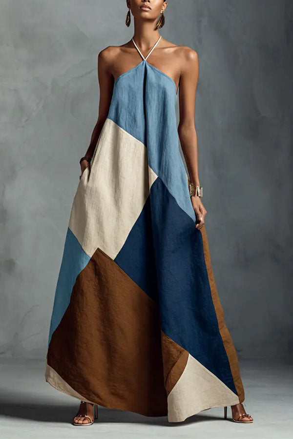 Tuscan Sun Geometric Patchwork Halter Dress