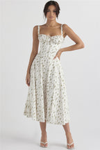Floral Corset Sweetheart Spaghetti Strap Lace Trim A-Line Midi Dress