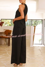 Gette Linen Blend Slit Front Top and High Rise Knoted Pocket Wide Leg Pants Set