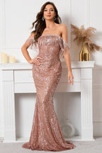Sequin Off Shoulder Fringe Trim Mermaid Maxi Gown