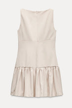 Velvet Bow Trim Drop Waist Gathered Pleated Mini Dress