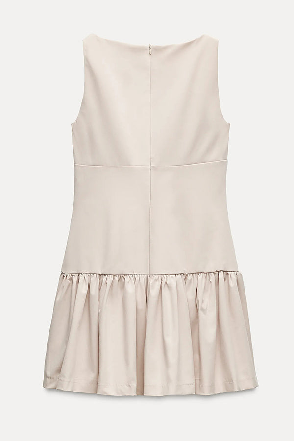 Velvet Bow Trim Drop Waist Gathered Pleated Mini Dress