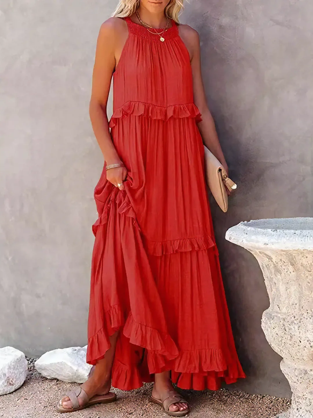 High Neck Smocked Halter Sleeveless Tiered Ruffle Maxi Dress