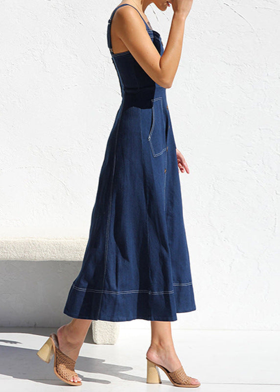 Denim Square Neck Button Front Patch Pocket Midi Dress