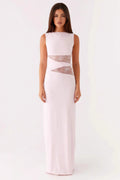 Lace Panel Boat Neck Cut Out Waist Sleeveless Bodycon Maxi Dress