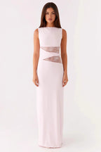 Lace Panel Boat Neck Cut Out Waist Sleeveless Bodycon Maxi Dress