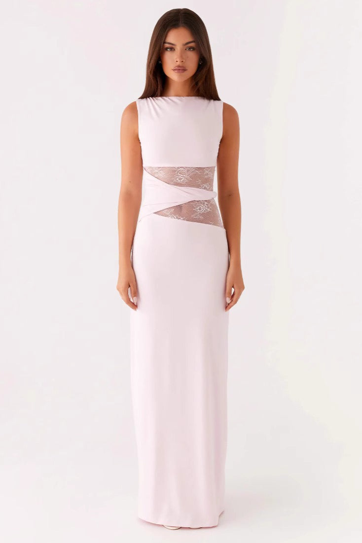 Lace Panel Boat Neck Cut Out Waist Sleeveless Bodycon Maxi Dress