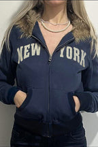 Fur Collar Letter Print Zip-Up Hoodie