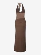 Burgundy Sequin Women Halter Maxi Dress - Elegant Ruched Bodycon Backless Mermaid Gown - Prom Party Outfit 2026