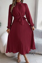 Mock Neck Lantern Sleeve Belted Pleated A-Line Midi Dress