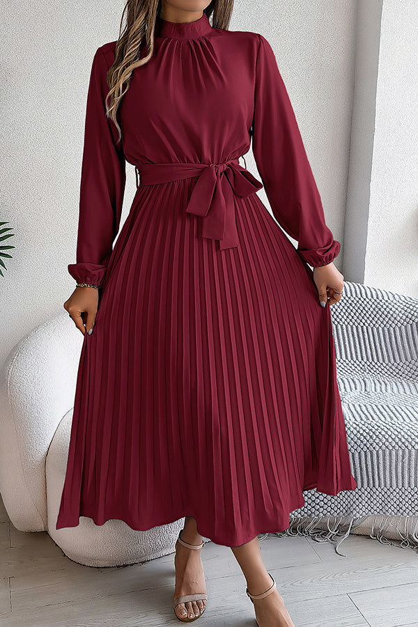 Mock Neck Lantern Sleeve Belted Pleated A-Line Midi Dress