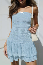 Floral Lace Strapless Tiered Ruffle Mini Dress