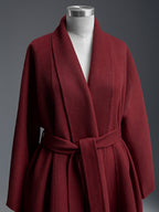 Burgundy Wool Cashmere Blend Wrap Coat For Woman Lapel Elegant Belted Double-Faced Winter Outerwear 2026