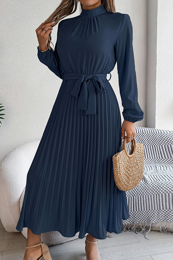 Mock Neck Lantern Sleeve Belted Pleated A-Line Midi Dress