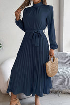 Mock Neck Lantern Sleeve Belted Pleated A-Line Midi Dress