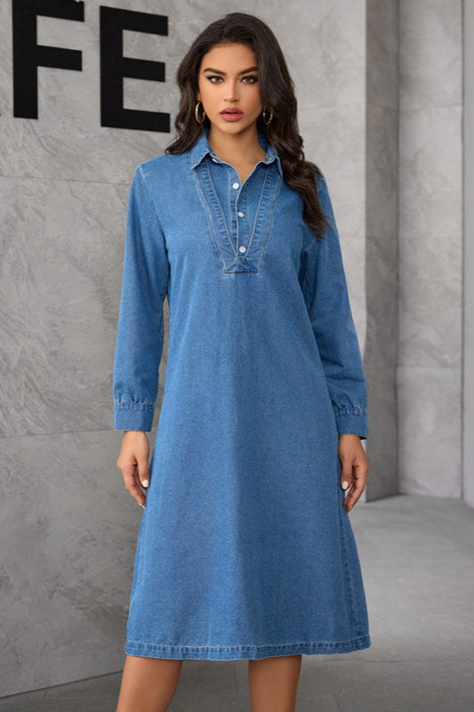 Denim Shirt Collar Long Sleeve Button Front Relaxed Midi Dress