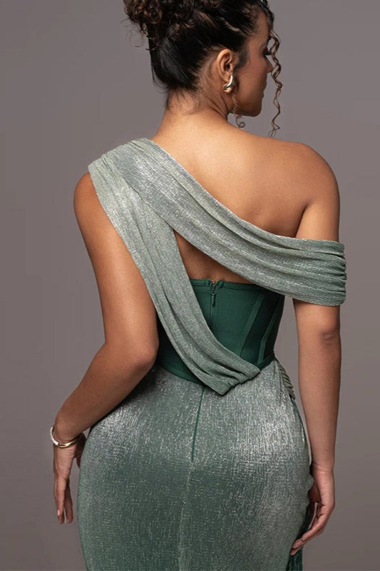One Shoulder Draped Corset Bustier Ruched Column Maxi Gown