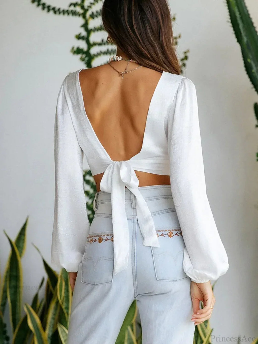 Deep V Cut Out Back Tie Backless Puff Sleeve White Blouse