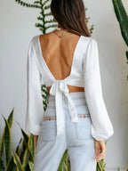 Deep V Cut Out Back Tie Backless Puff Sleeve White Blouse