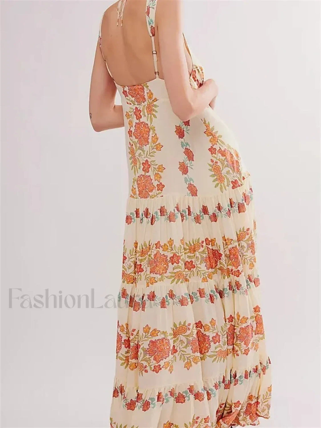 Orange Deep V Floral Loose Maxi Dress