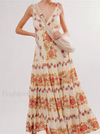 Orange Deep V Floral Loose Maxi Dress