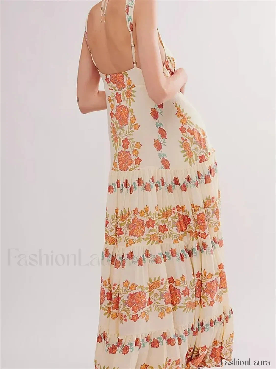 Orange Deep V Floral Loose Maxi Dress