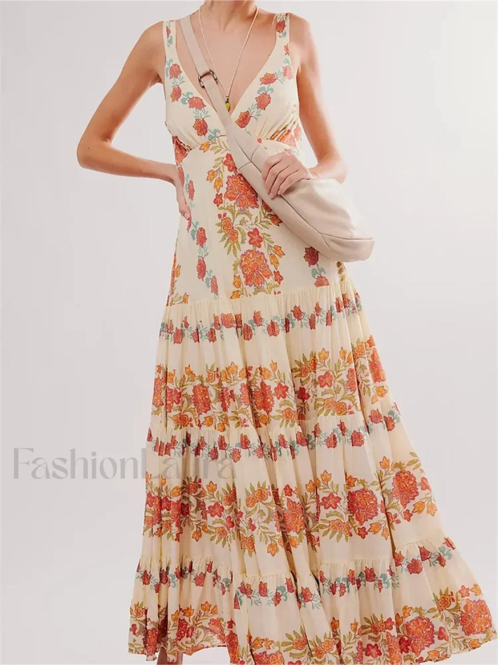 Orange Deep V Floral Loose Maxi Dress