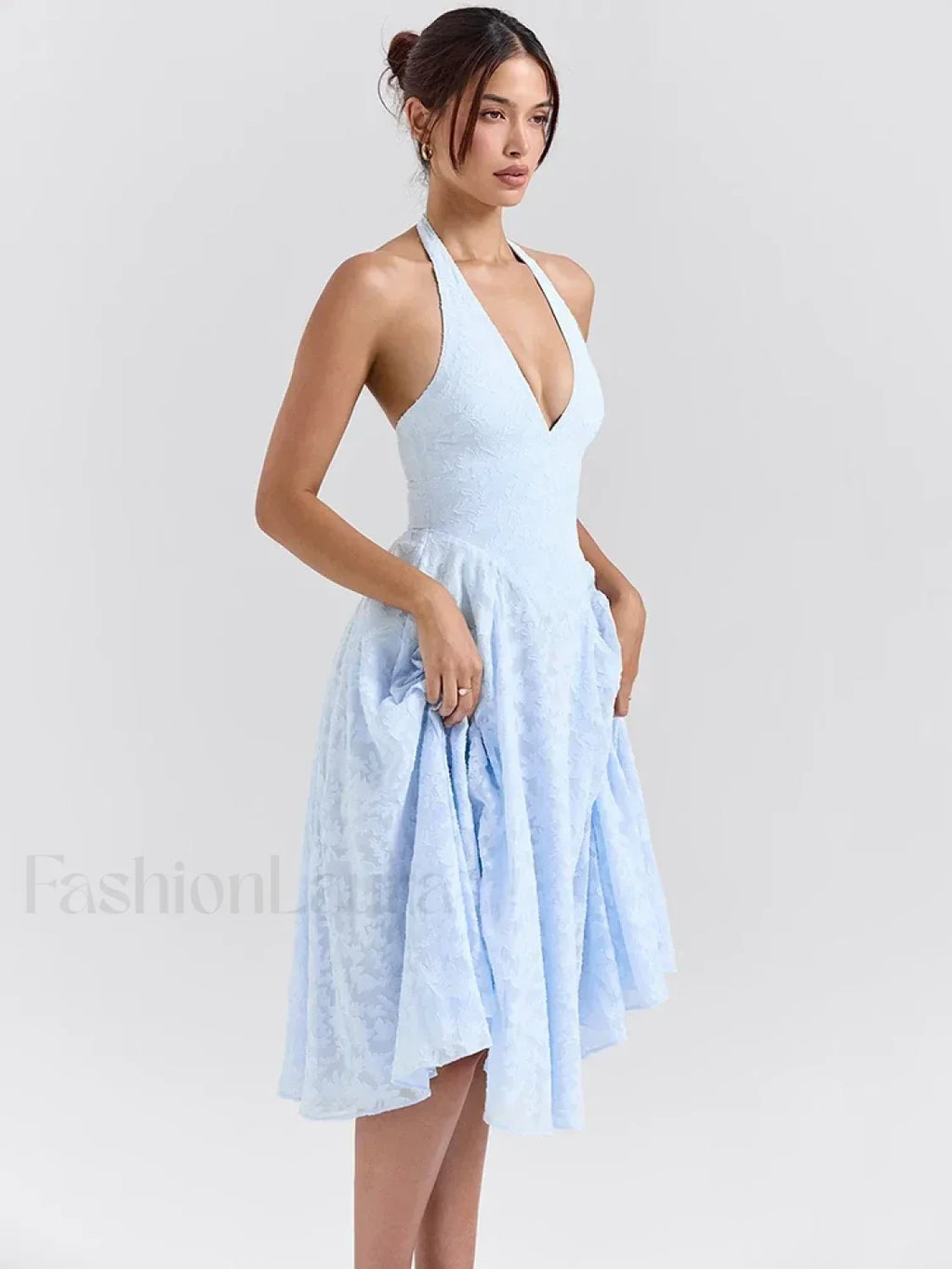 Blue Deep V Halter Pleated Midi Dress