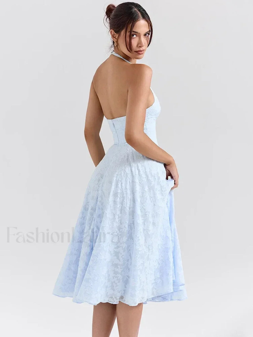 Blue Deep V Halter Pleated Midi Dress