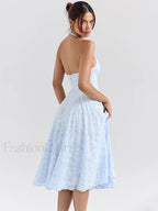 Blue Deep V Halter Pleated Midi Dress