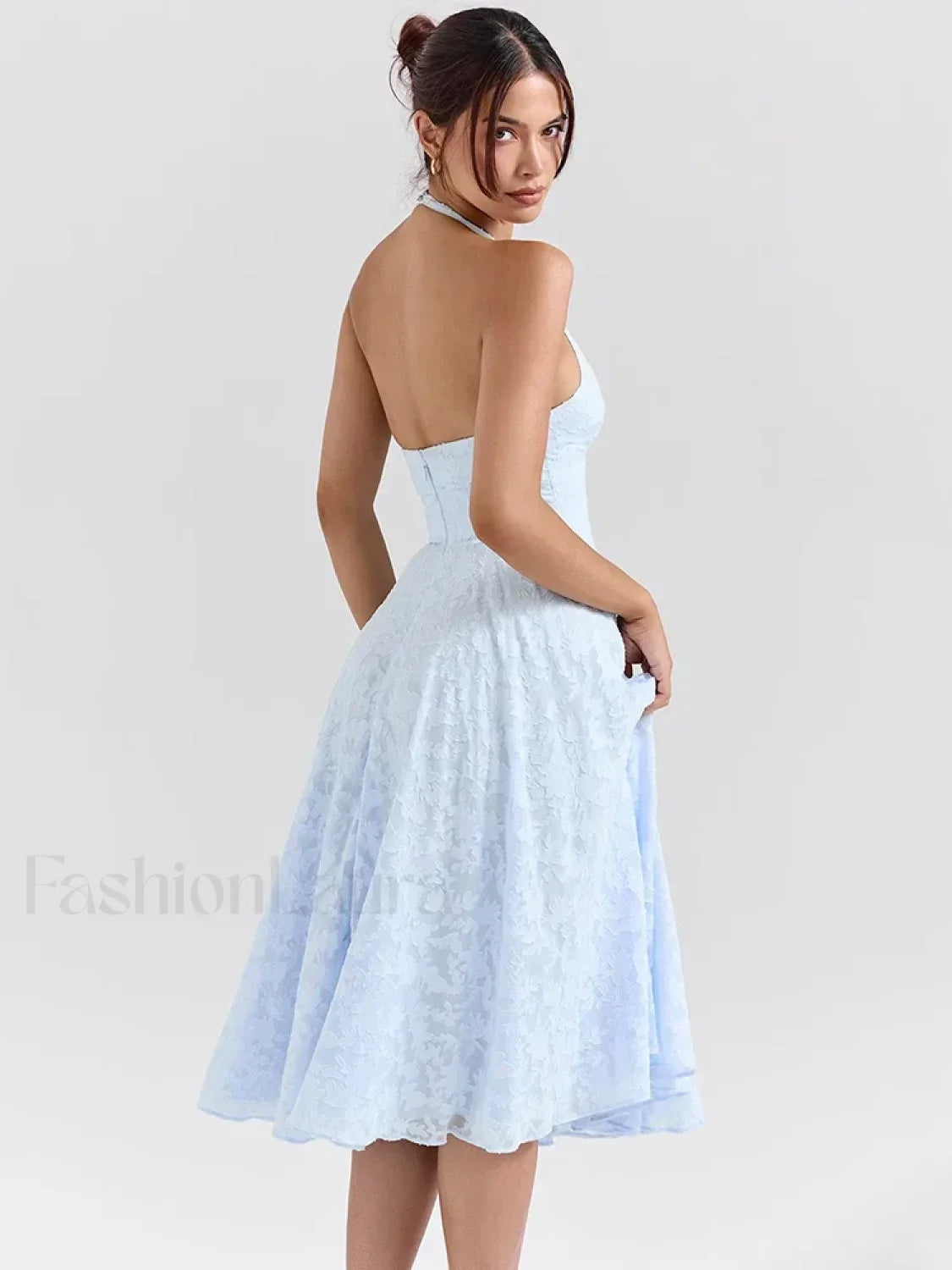 Blue Deep V Halter Pleated Midi Dress