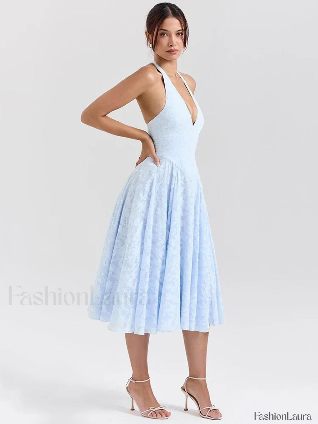 Blue Deep V Halter Pleated Midi Dress