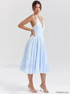 Blue Deep V Halter Pleated Midi Dress