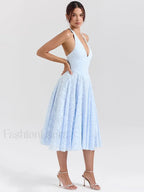 Blue Deep V Halter Pleated Midi Dress