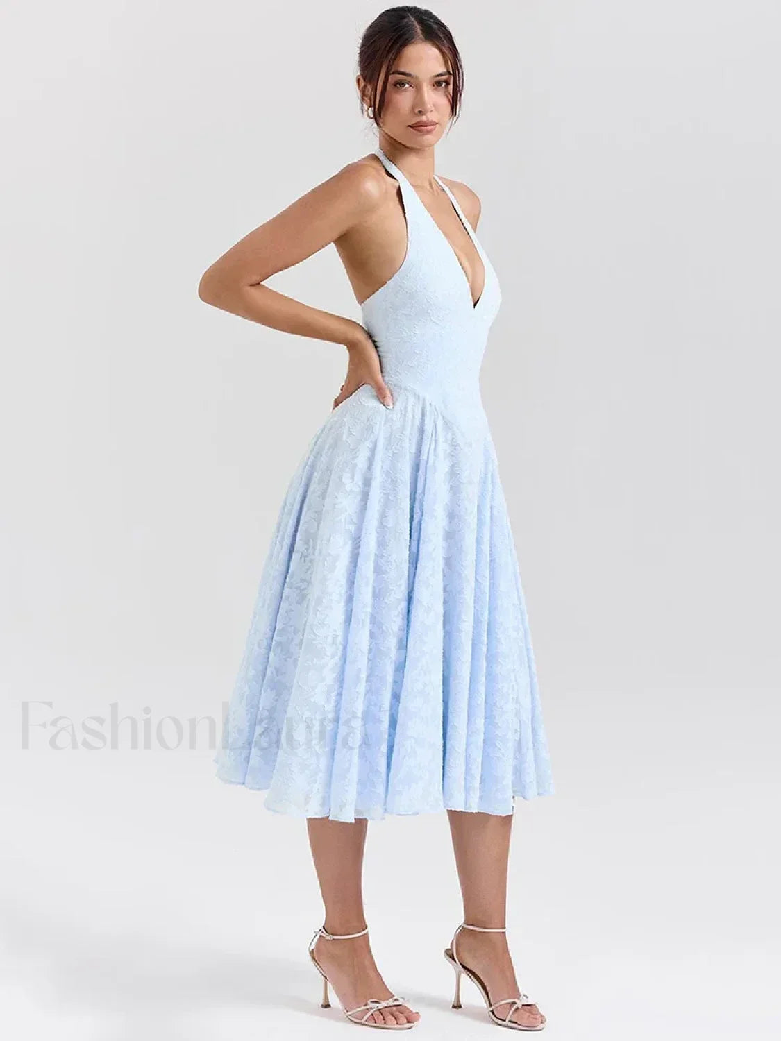 Blue Deep V Halter Pleated Midi Dress