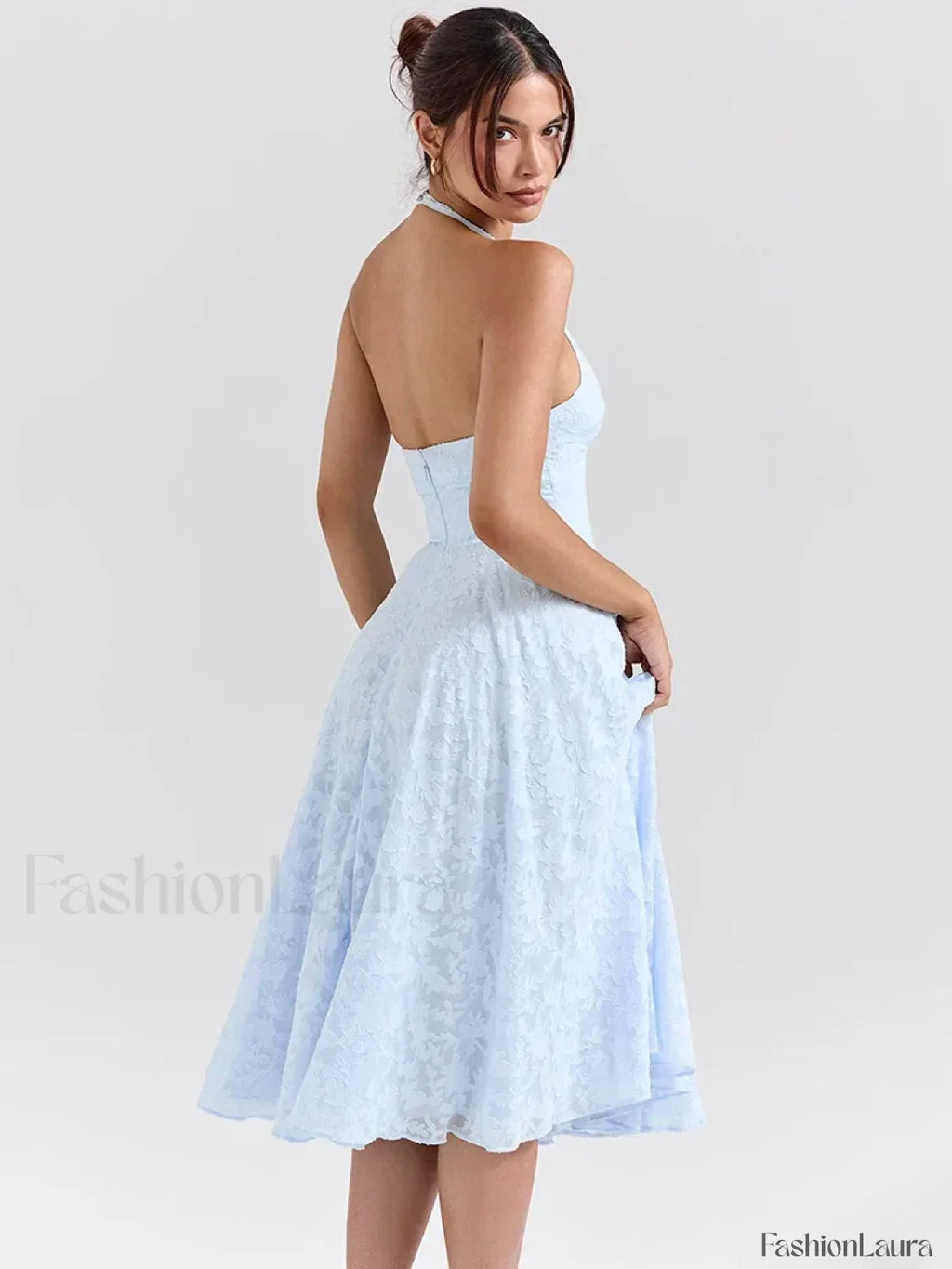 Blue Deep V Halter Pleated Midi Dress