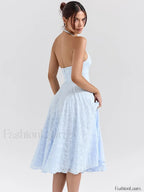 Blue Deep V Halter Pleated Midi Dress
