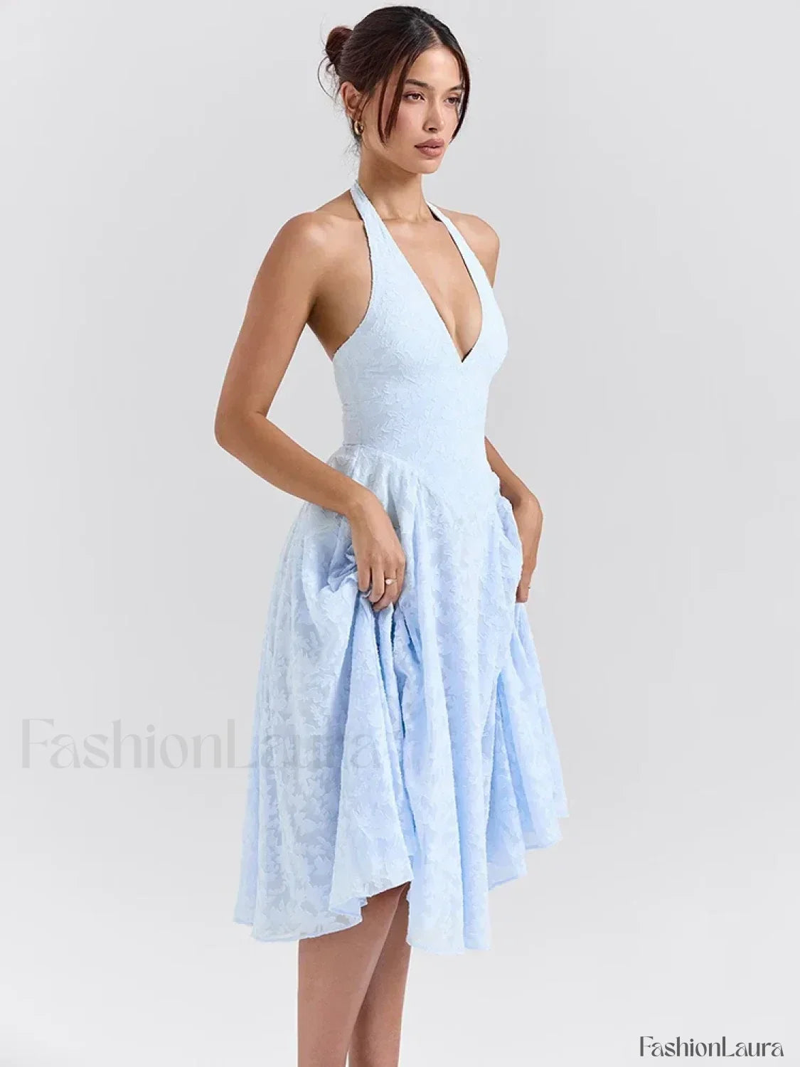 Blue Deep V Halter Pleated Midi Dress