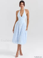 Blue Deep V Halter Pleated Midi Dress