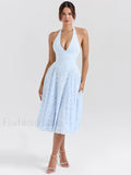 Blue Deep V Halter Pleated Midi Dress