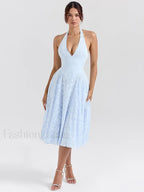 Blue Deep V Halter Pleated Midi Dress