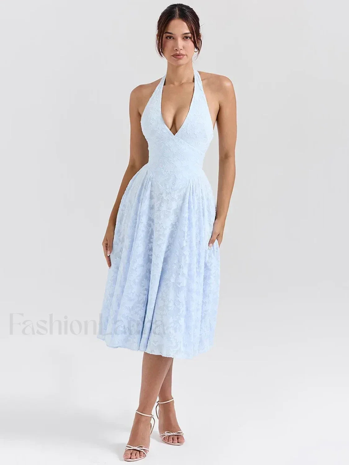 Blue Deep V Halter Pleated Midi Dress
