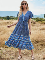 Deep V-neck Floral Button Pleated Maxi Boho Dress