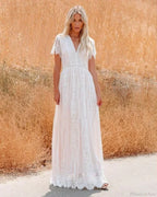 Deep V-neck Lace Hollow Out Vintage White Boho Dress