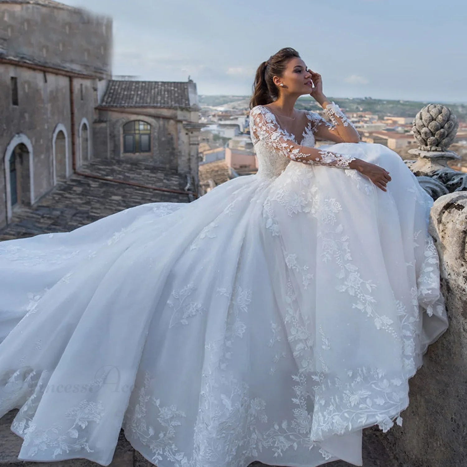 Deep V-Neck Long Tail Wedding Dress