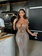 Deep V Neck Sequin Suspender Party Dress