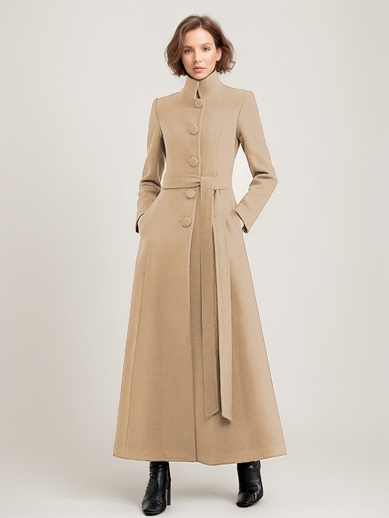 Wool Blend Long Coat Black Belted Stand Collar Winter Full Length Outerwear For Women 2026