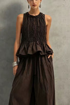 Retro-style pleated sleeveless top and wide-leg pants set