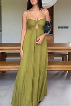 Spaghetti Strap Ruched Keyhole Bodice Crinkle Texture Flowy Maxi Dress