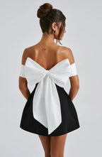 Off Shoulder Contrast Panel Structured A-Line Mini Dress